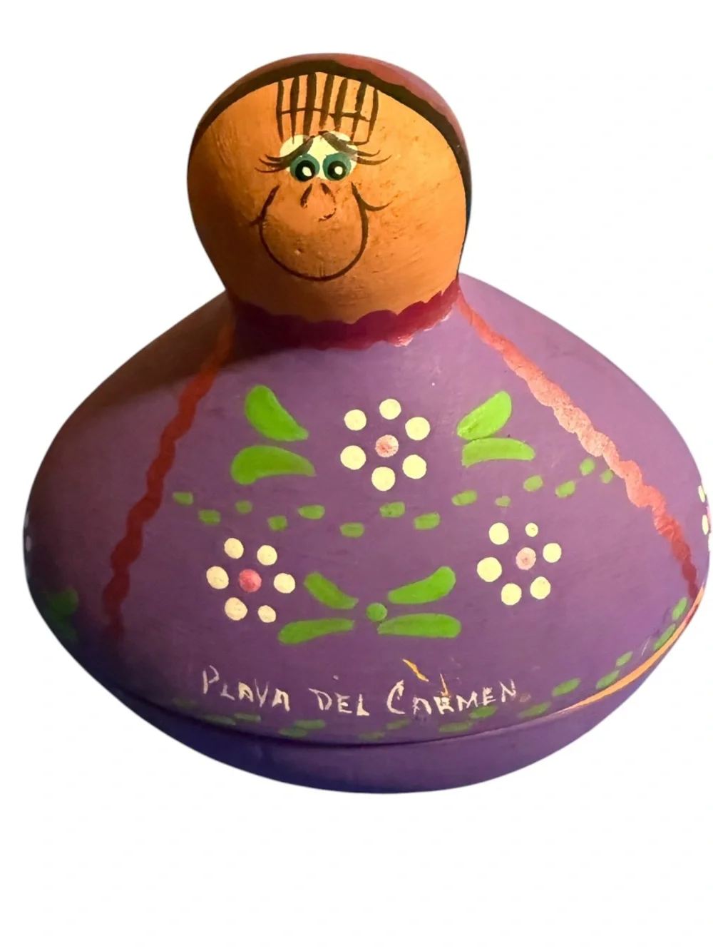 Hand-Painted Purple Mexican Ceramic Doll - Playa del Carmen
